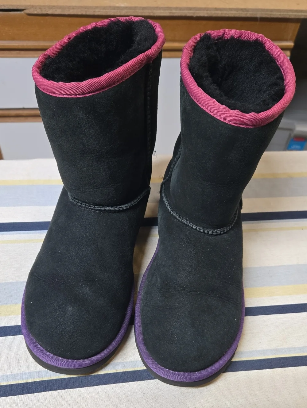 UGG Black Suede Mid-Calf Boots with Pink Trim and Purple Soles